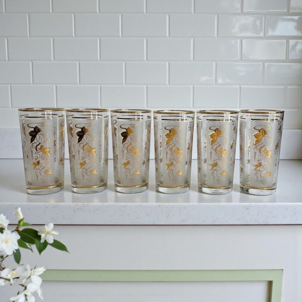 Vintage Libbey 22K Gold Leaf Ivy Highball Glasses-Set of 6-Mid Century Barware
